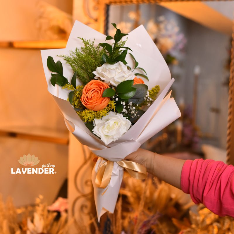artificial flower with natural green leaves , gypsophila and with wrap 