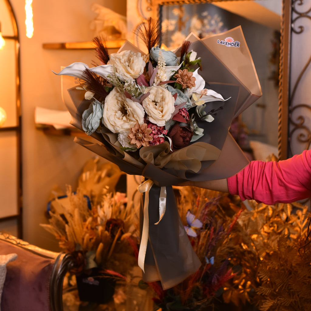 Artificial white calla .Artificial mint green peony.Artificial beige carnation 
Artificial red feather.Artificial camel cyrsanthemum .Artificial red peony 
Artificial mint green orchid .Artificial colour leaves and Artificial gypsophila