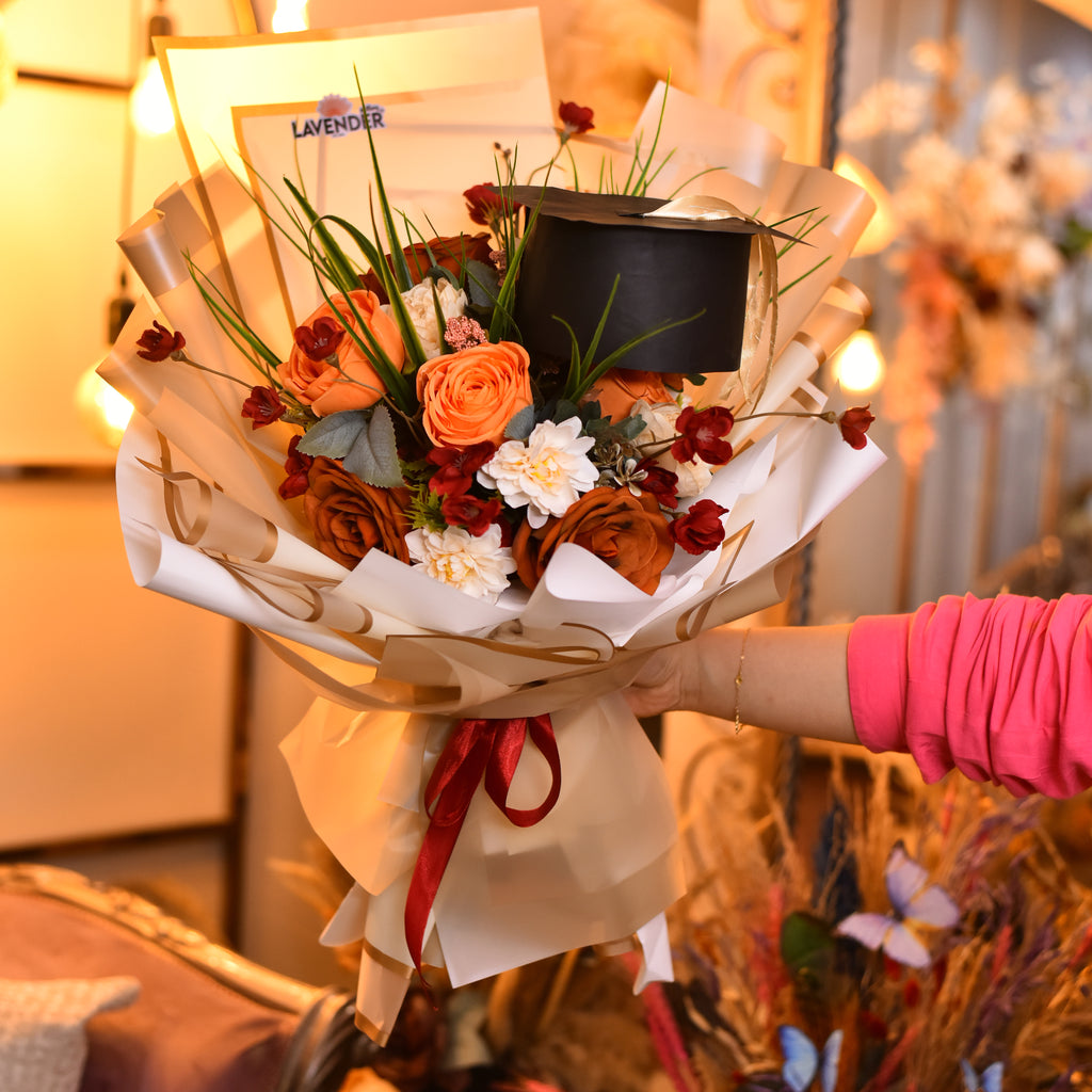 brown. orange and semon roses .Artificial red accessories and 
Artificial green leaves