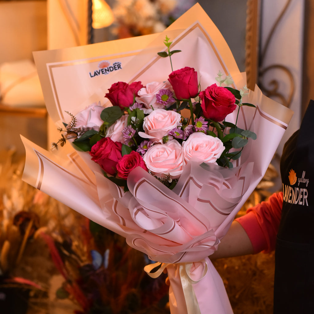 fushia flower.Artificial pink roses
Natural purple chrysanthemum and
Artificial green leaves