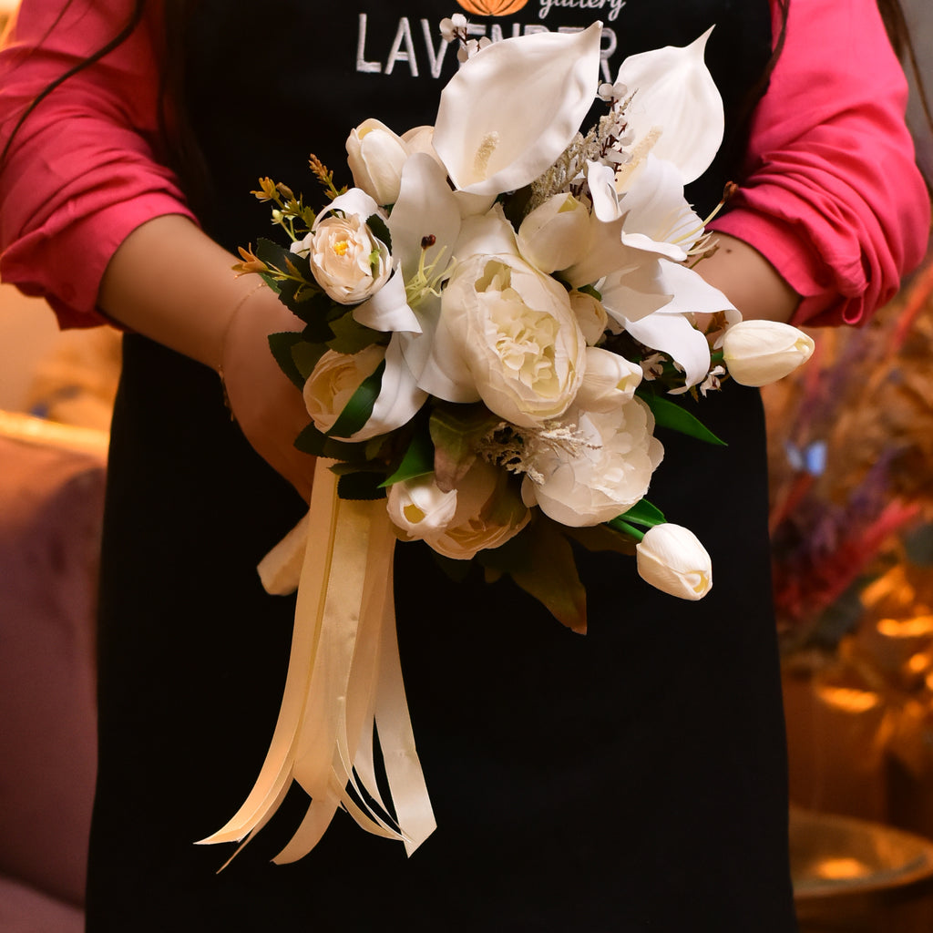 Artificial white tulip .Artificial white calla .Artificial white lilies.Artificial white peony.Artificial green leaves and Artificial white lavender