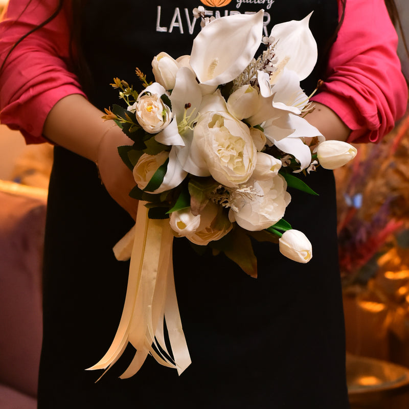 Artificial white tulip .Artificial white calla .Artificial white lilies.Artificial white peony.Artificial green leaves and Artificial white lavender