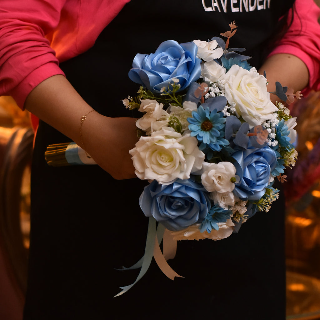 Stan baby blue roses.Artificial white roses .Artificial white and blue accessories flower .Artificial blue leaves kelptus and Artificial white gypsophila 