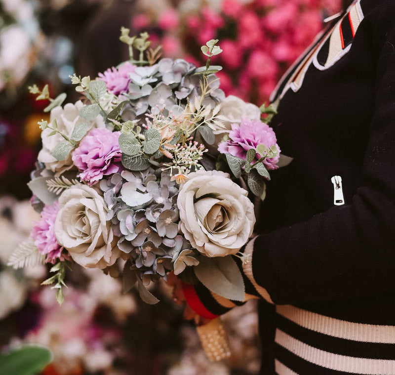 Artificial mint green roses.Artificial purple carnation.Artificial mint green hydrangea.Artificial gypsophila and
Artificial kleptos