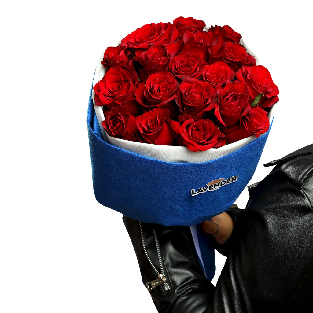 red roses with blue cover