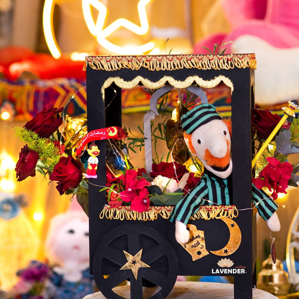 Decorative lantern with a character and floral elements on a blurred festive background