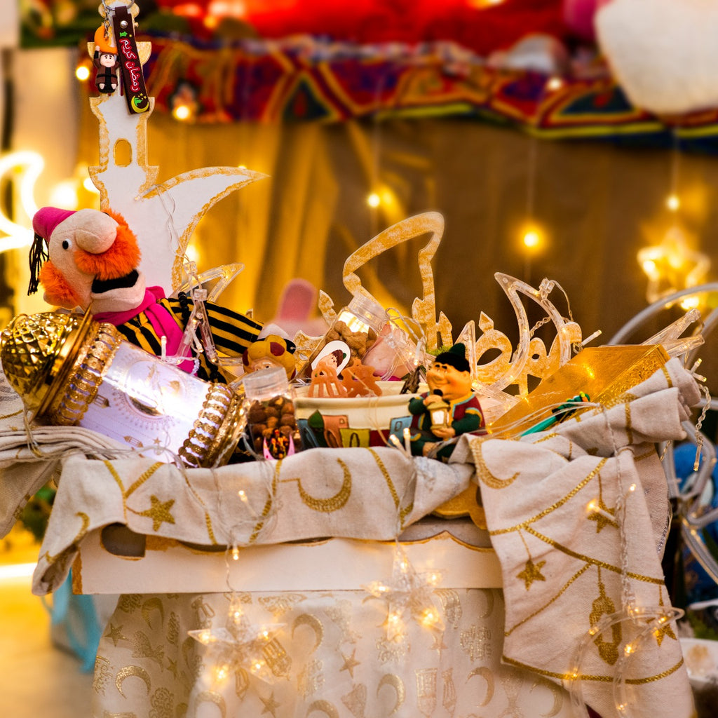 Decorative table with fairy lights, toys, and a colorful background