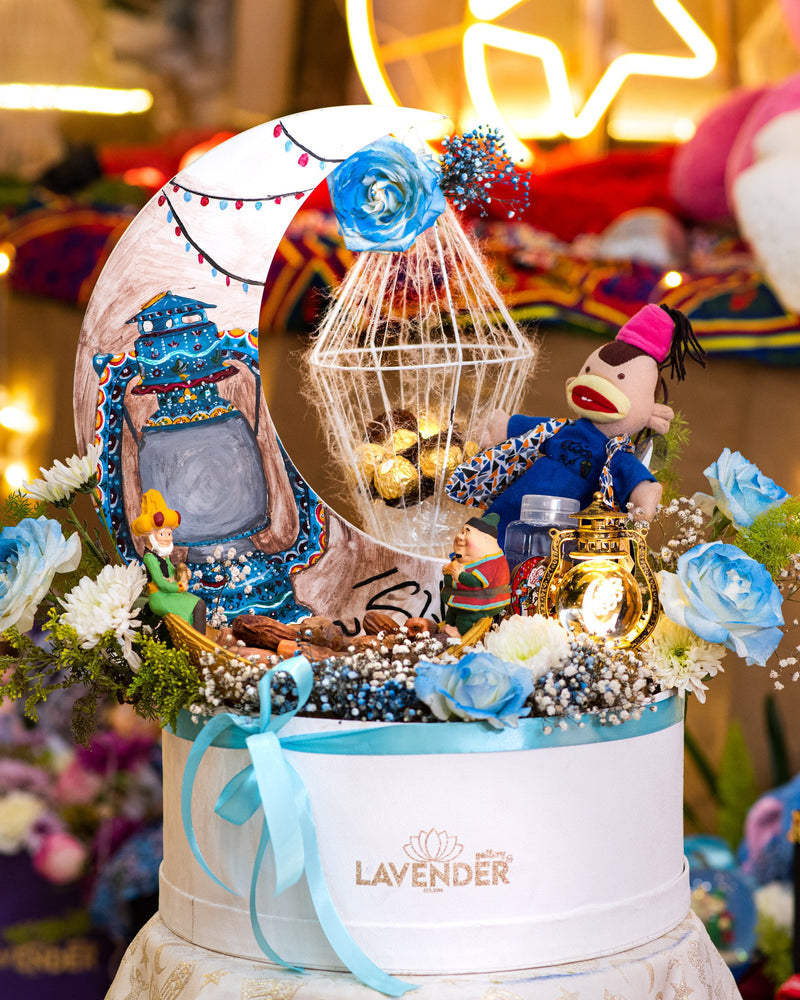 Decorative scene with characters and flowers in a box labeled 'Lavender' against a colorful background.