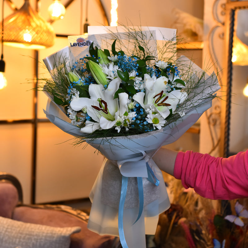  White Lilies .Natural Small Blue Chrysanthemum.Natural Blue gypsophila and Natural green leaves 