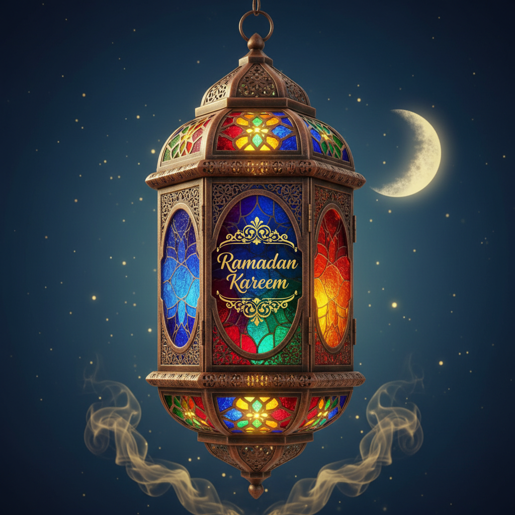 Decorative lantern with 'Ramadan Kareem' text against a night sky with moon and stars.